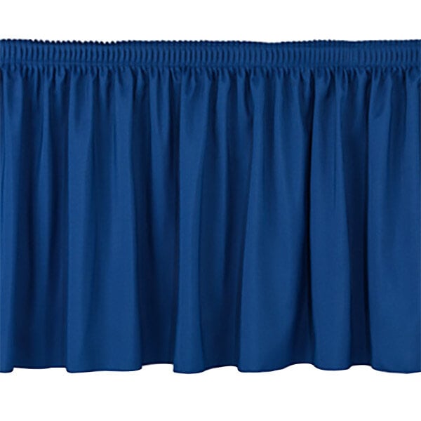 A navy shirred stage skirt with white stripes on a white background.