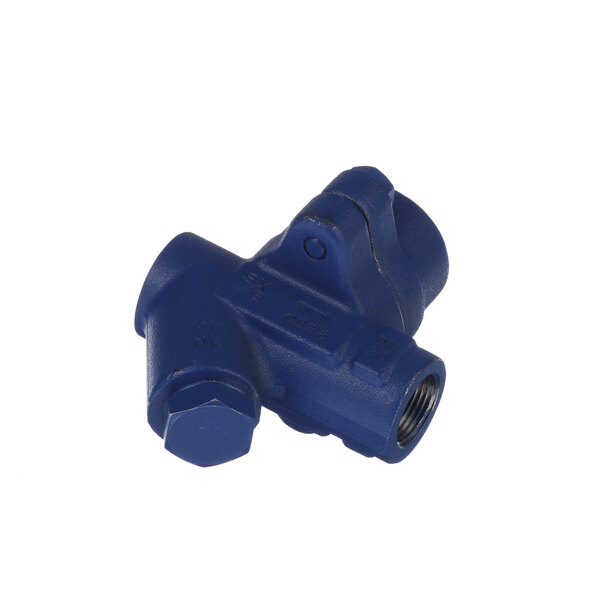 A blue plastic pipe with a Cleveland steel steam trap on it.