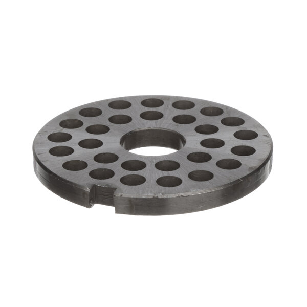A circular metal Skyfood plate with holes.