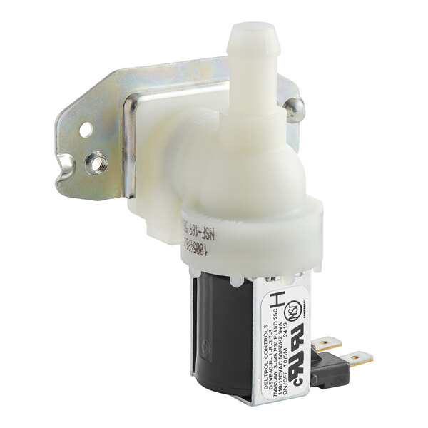 A white Deltrol water valve with black and white details.