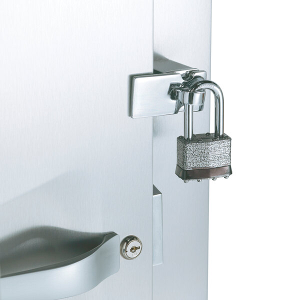 The metal lock on a Traulsen Correctional Roll-Thru Holding Cabinet.