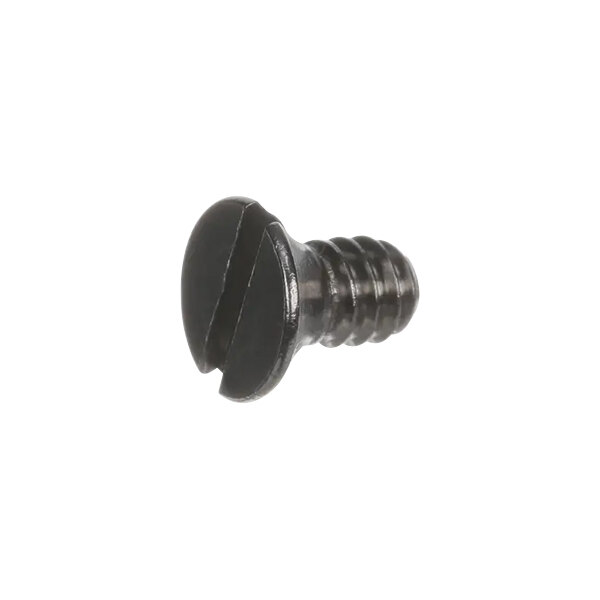 A close-up of a Mannhart flat head screw with a black head.