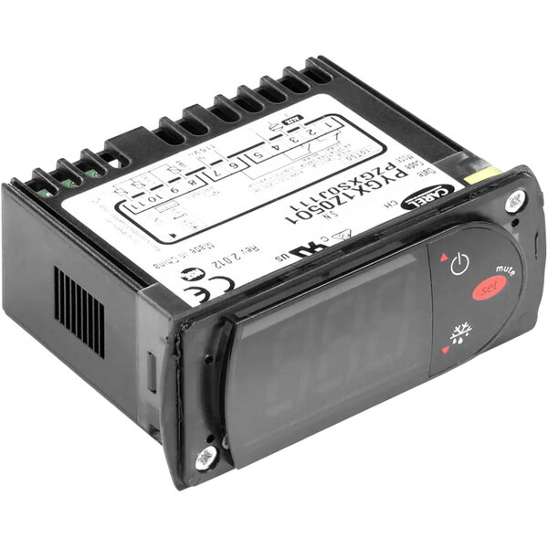 A black Kelvinator digital temperature controller with a white label on a white background.
