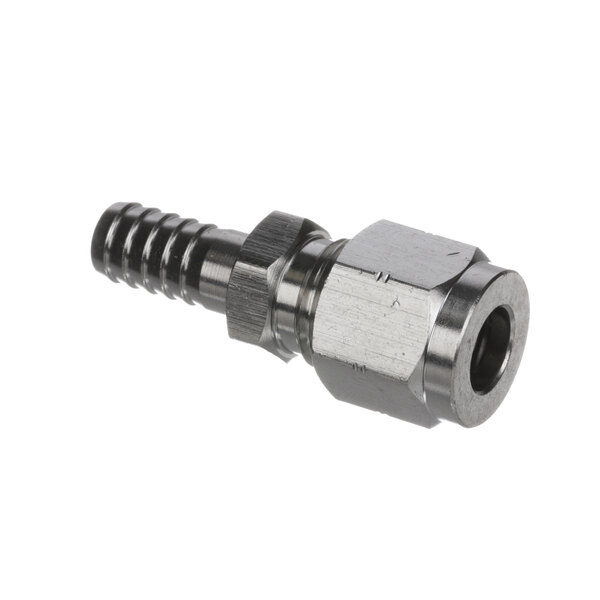 A stainless steel Lancer threaded hose fitting with a metal barb.