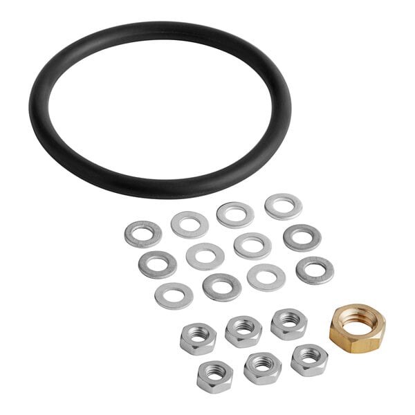 A black rubber heater element ring with nuts and washers.