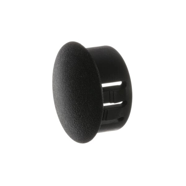 A black plastic plug with a hole.