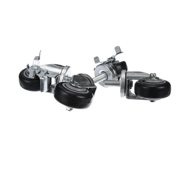 a group of metal wheels with black rubber wheels