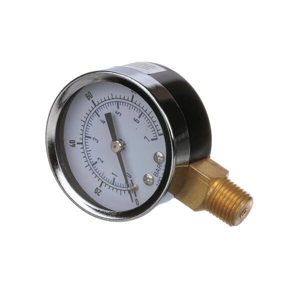 A close-up of a Multiplex pressure gauge with a white background.