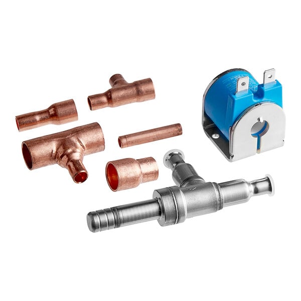 A copper pipe and valve set with a blue device.