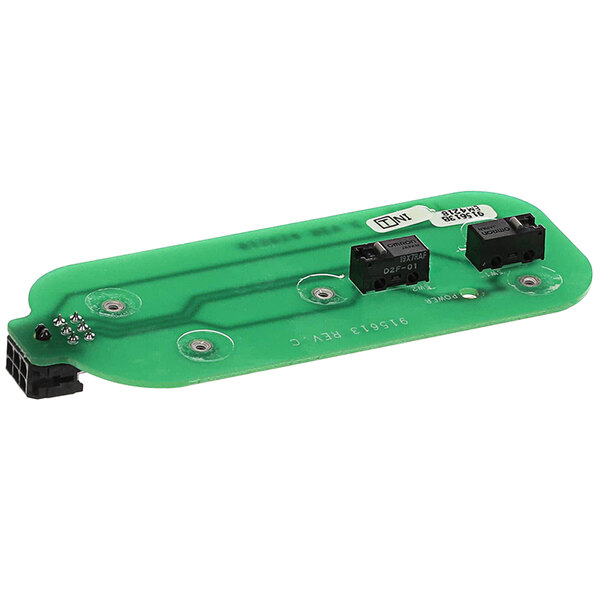 A green Hobart PCB Assy with black and black connectors.