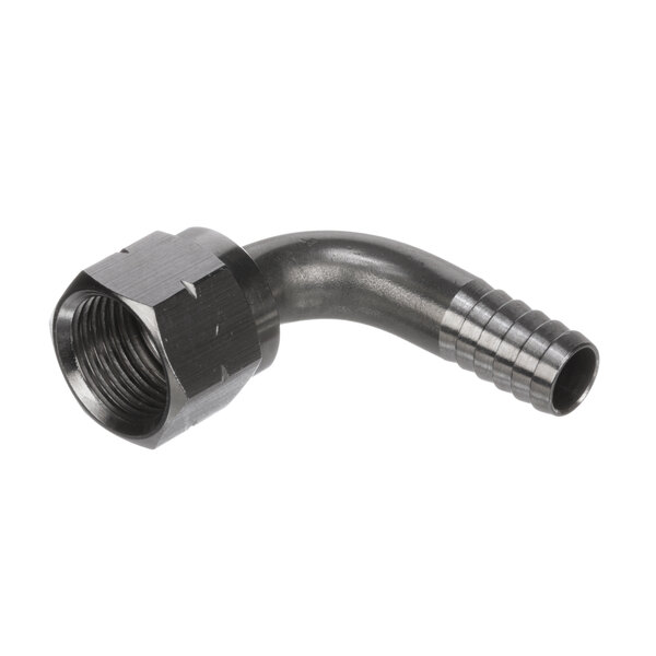A black hose with a metal elbow and nut.