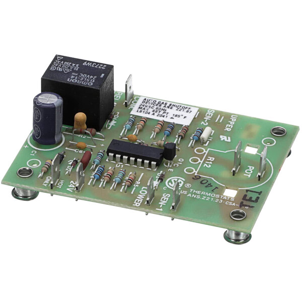 A close-up of a green Lochinvar thermostat circuit board with small electronic components.