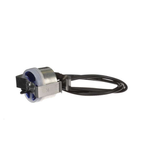 A small metal and plastic OmniTemp defrost termination switch with a black and white cable and blue connector.
