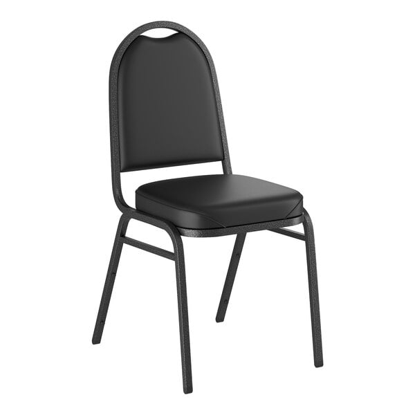 A black stackable banquet chair with a 2-inch padded seat and a silver vein metal frame.