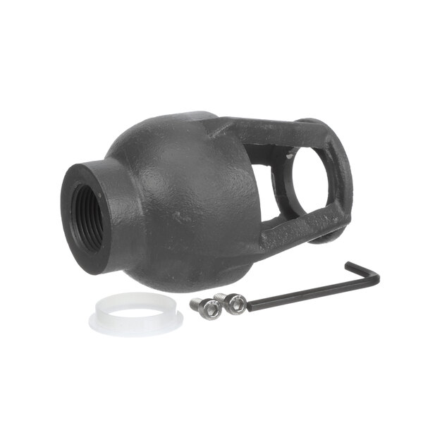 A black metal air gap outlet with a screw and nut.