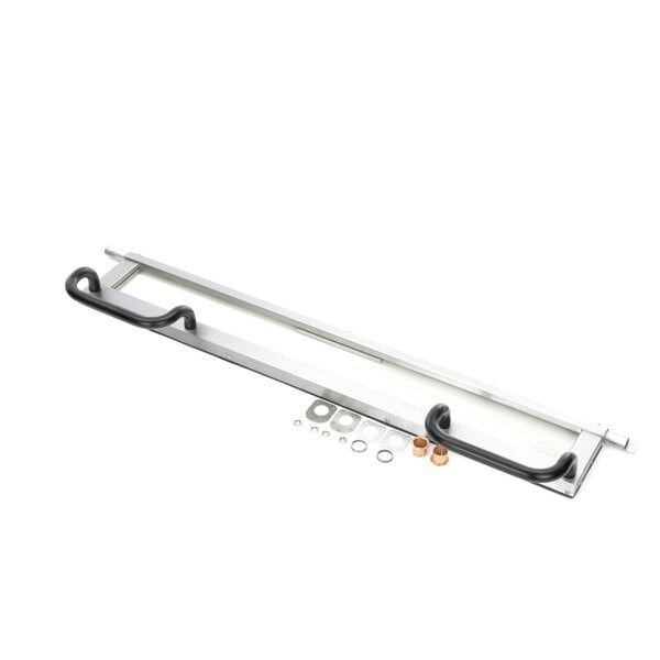 A metal rack with black handles.