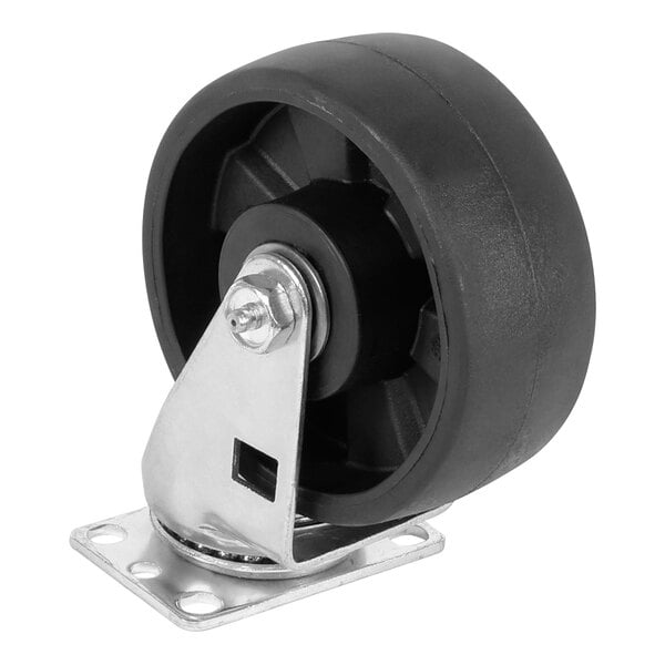 A black rubber Imperial caster wheel with a metal plate.