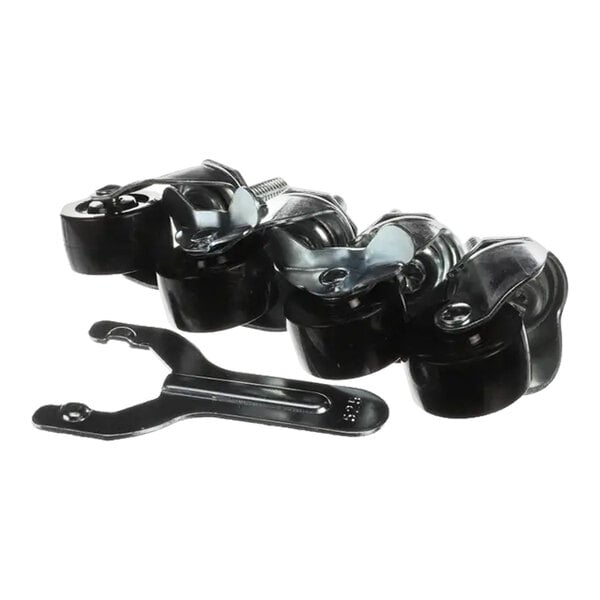 A set of four black and silver casters with a metal wrench, designed as a caster kit for equipment.