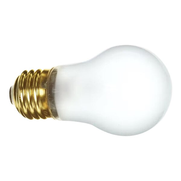 A frosted incandescent light bulb with a brass screw base.