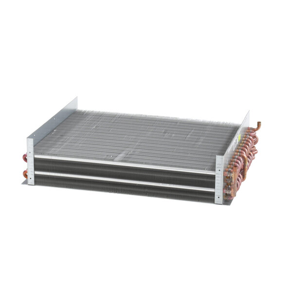 A close-up of a metal Kolpak condenser coil with copper tubes.