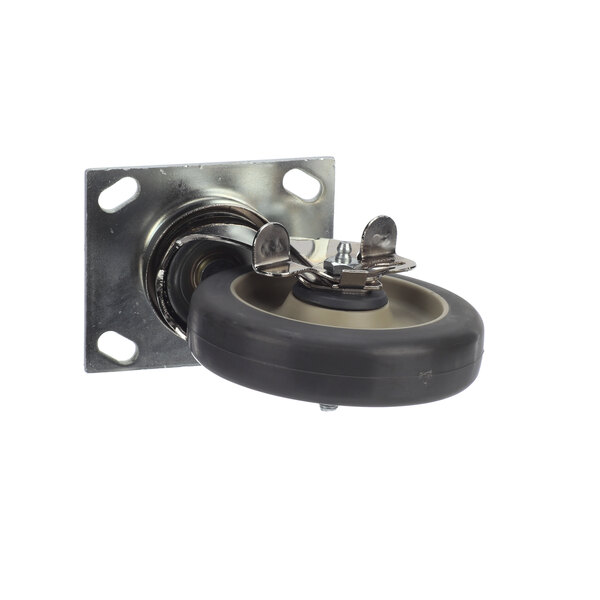 A black metal swivel caster with a black rubber wheel.