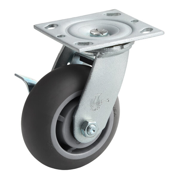 A swivel caster wheel with a brake and mounting plate.