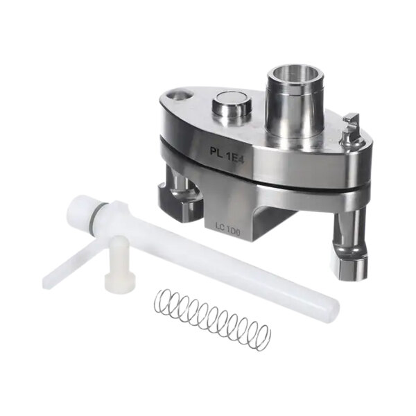 A Carpigiani stainless steel water pump with a spring and a plastic tube.