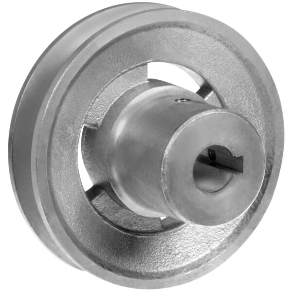 A round metal Sheave-Gearbox wheel with a hole in the center.