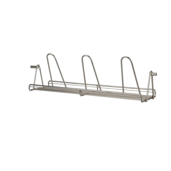 A BKI metal rack with three metal baskets on it.