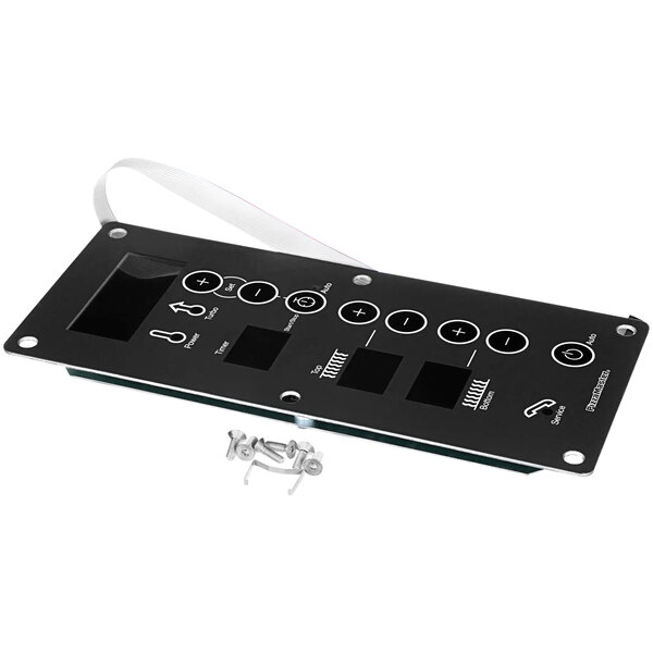 A black rectangular Pizzamaster display panel with buttons and wires.