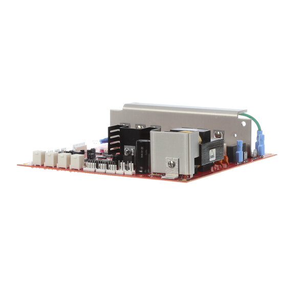 A red circuit board with many small silver and black components.