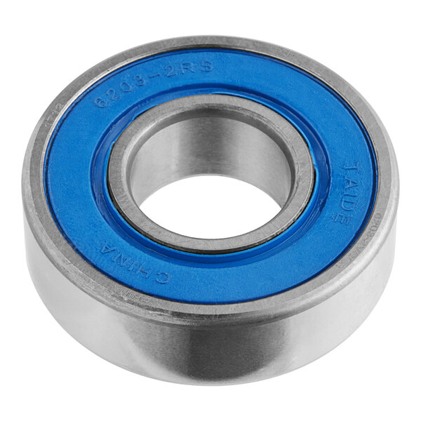 A close up of a blue and silver Hobart ball bearing.