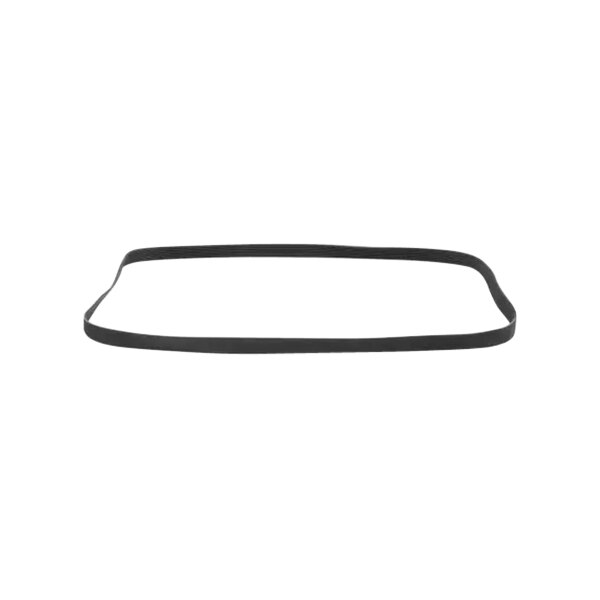 A black rubber flat belt with a white background.