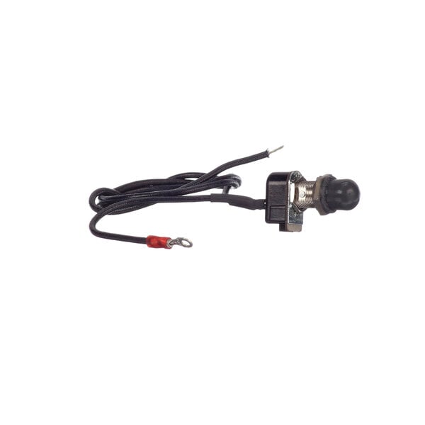 A black cable with a red and black cord attached to a Dinex round push button switch.