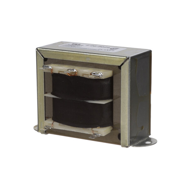 A close-up of a small metal SureShot Solutions transformer with a black cover.