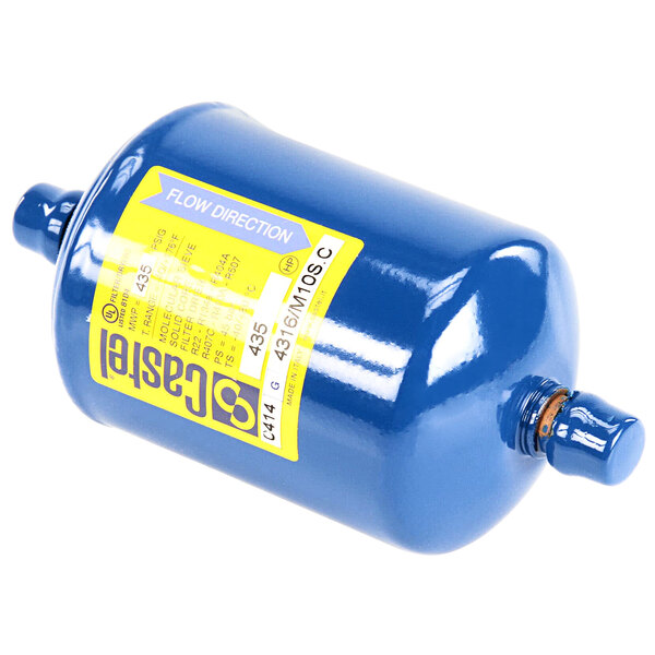 A blue Carpigiani air compressor with a yellow label.