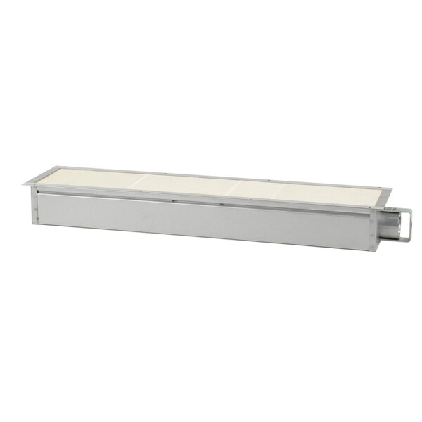 A white metal rectangular object with a glass top.