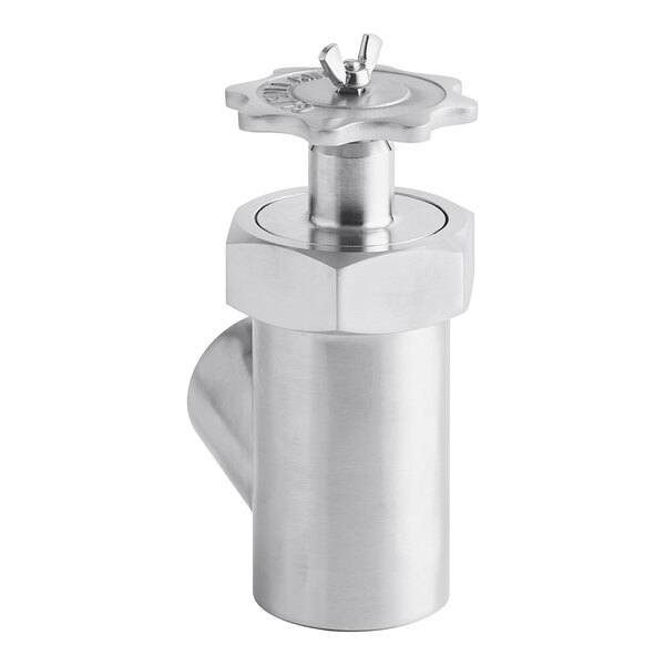 A stainless steel Cleveland 2" draw-off valve assembly with a metal handle.
