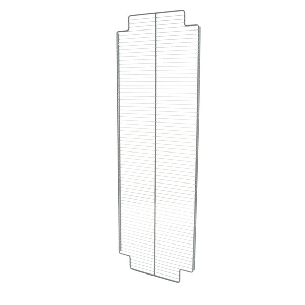 A white wire shelf with rectangular metal bars.