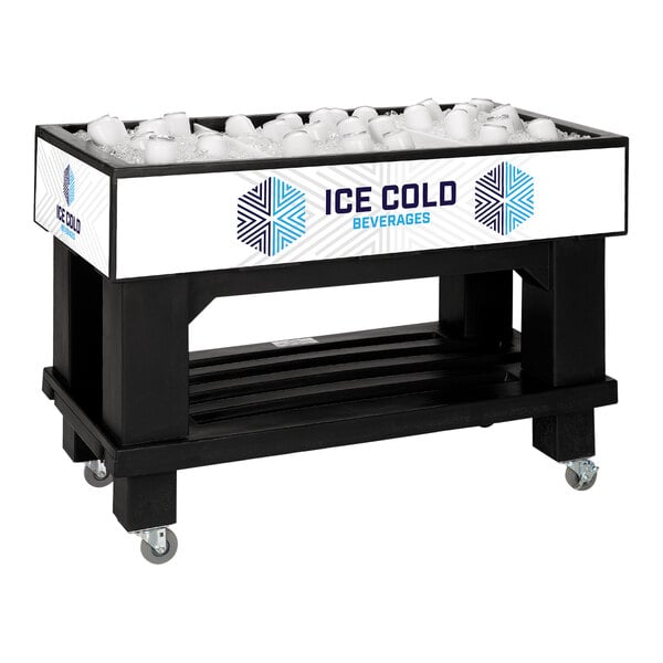 A black IRP ice bin with ice on a counter.