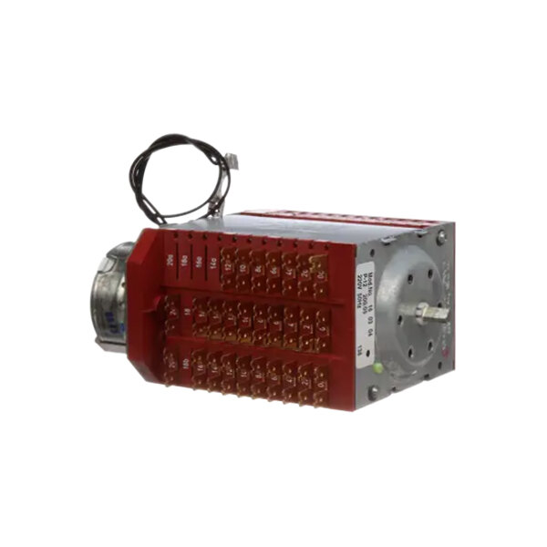 A red and silver Alliance Laundry mechanical timer with wires.