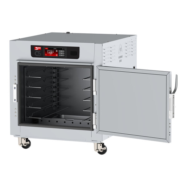 A Metro C5 8 Series heated holding cabinet with a door open.