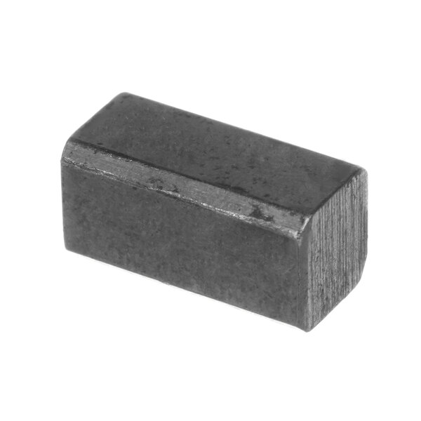 A rectangular metal object with a black square block on one end.