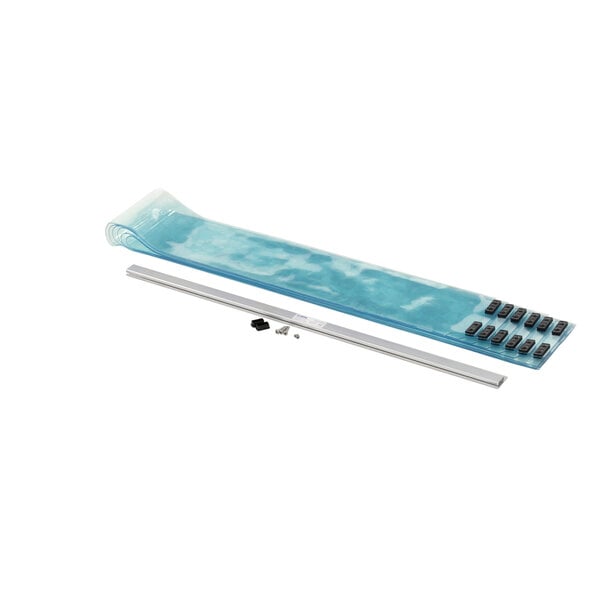 A blue rectangular roll of plastic with metal rods and screws.