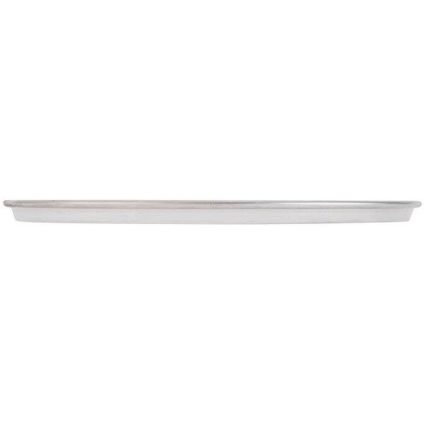 An American Metalcraft silver aluminum pizza pan with a white background.