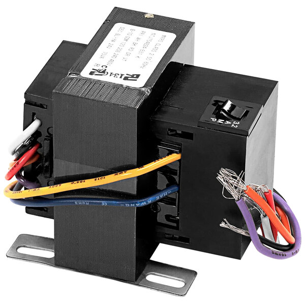 A black power transformer with wires and yellow tape with black text.