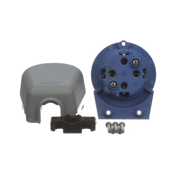 A grey and blue Hubbell low profile electrical plug with two screws.