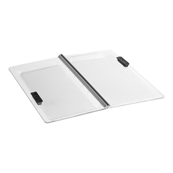 A clear plastic cover with black handles.