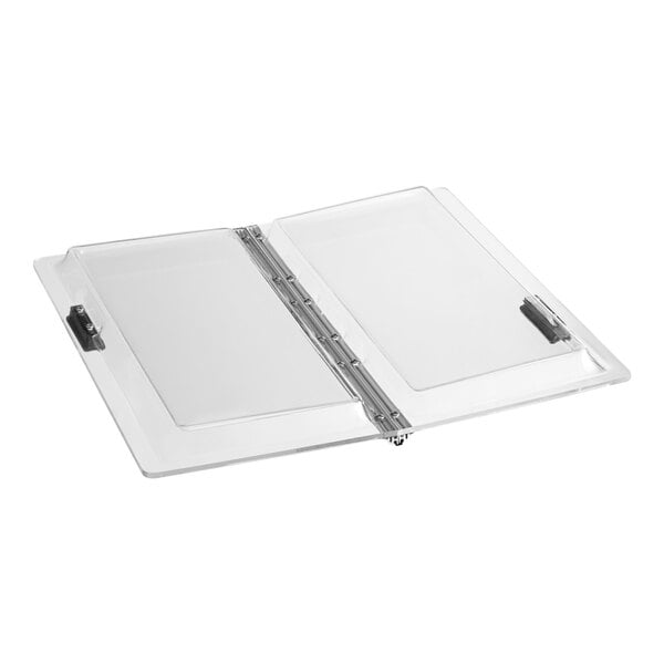 A clear plastic cover with a metal hinge.