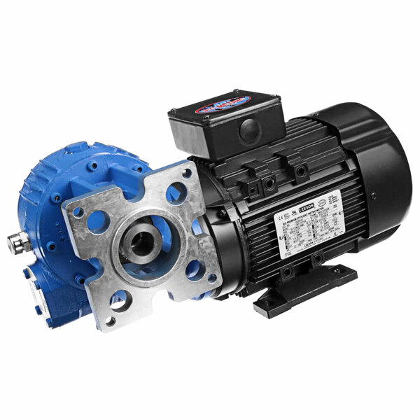 A black and blue electric motor with a white label.